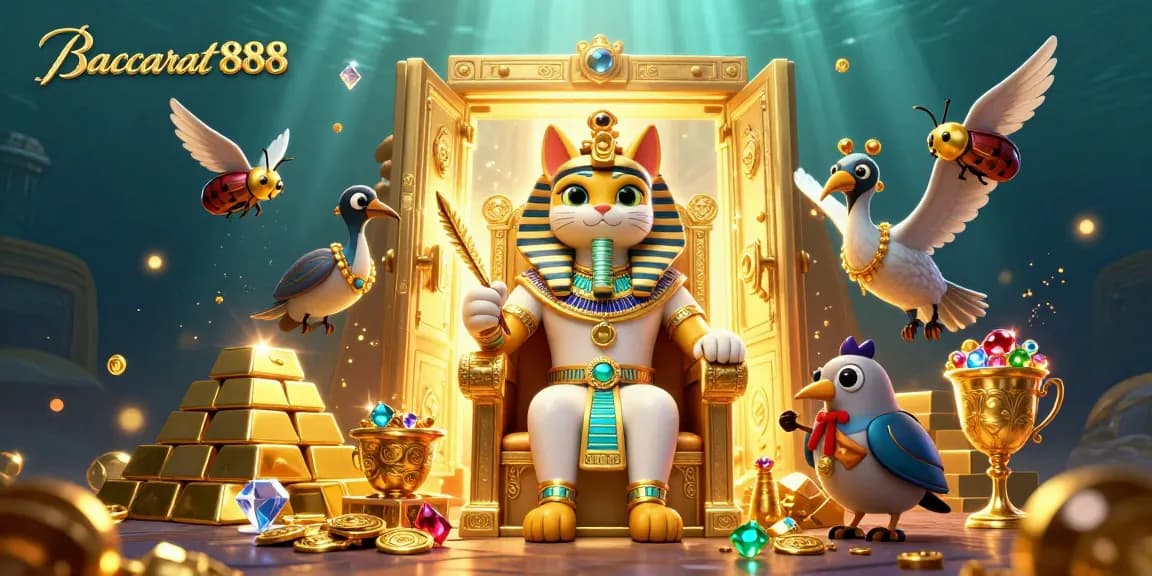 Baccarat888 showcases thrilling wins with a charming pharaoh cat and treasure-filled casino scene.