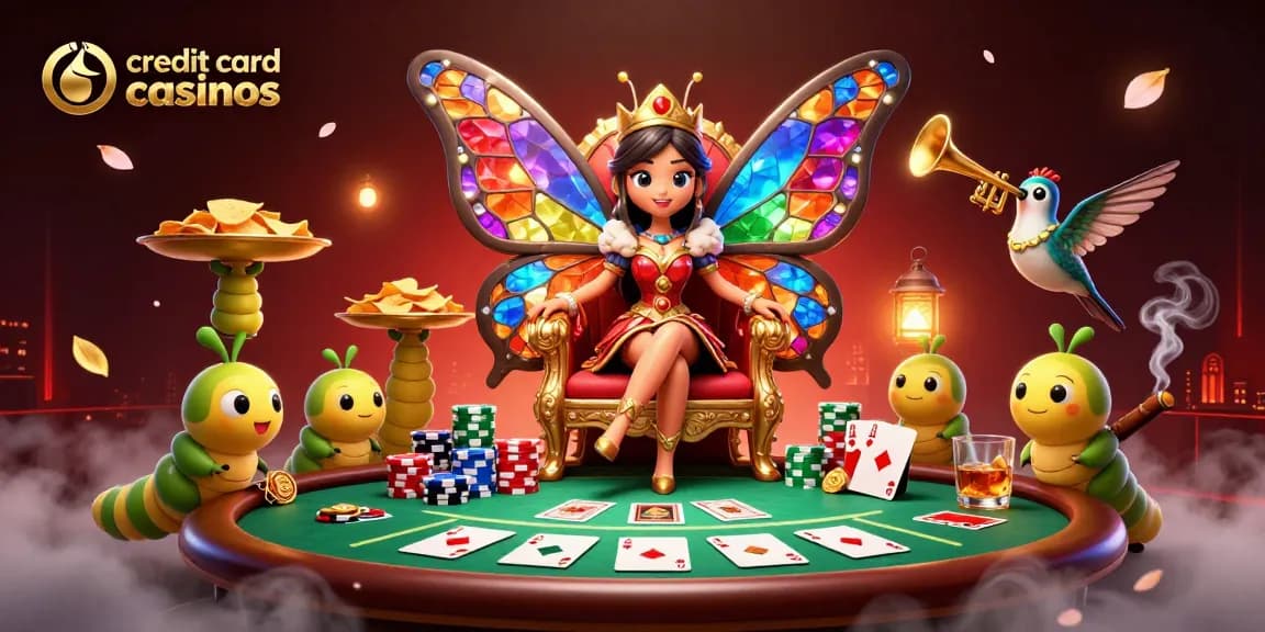 Engage in credit card casinos excitement with vibrant 3D scene featuring poker elements and festive characters.