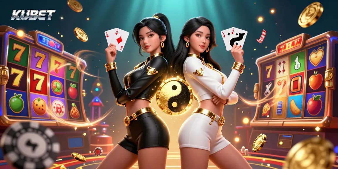 KUBET offers a thrilling gaming experience with stunning visuals of Asian women holding colorful playing cards in an energetic casino atmosphere.