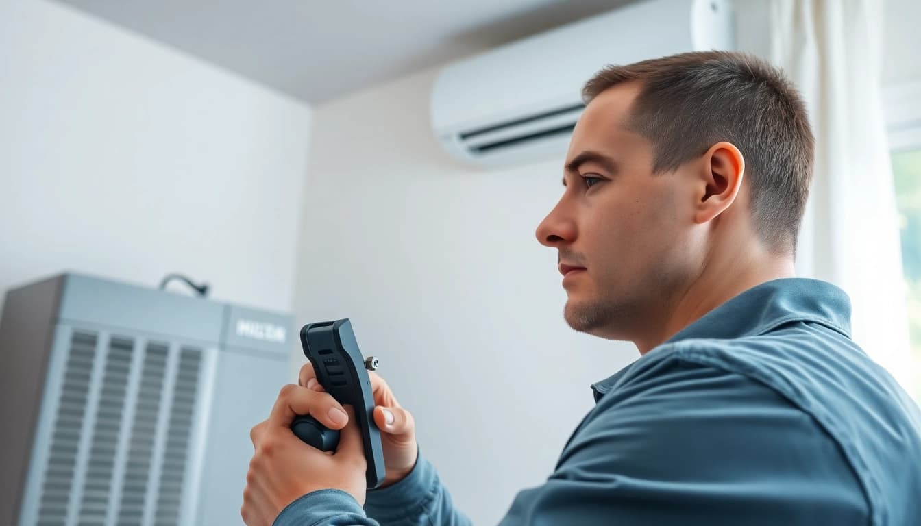Technician providing heating and cooling services with modern equipment in a bright home.