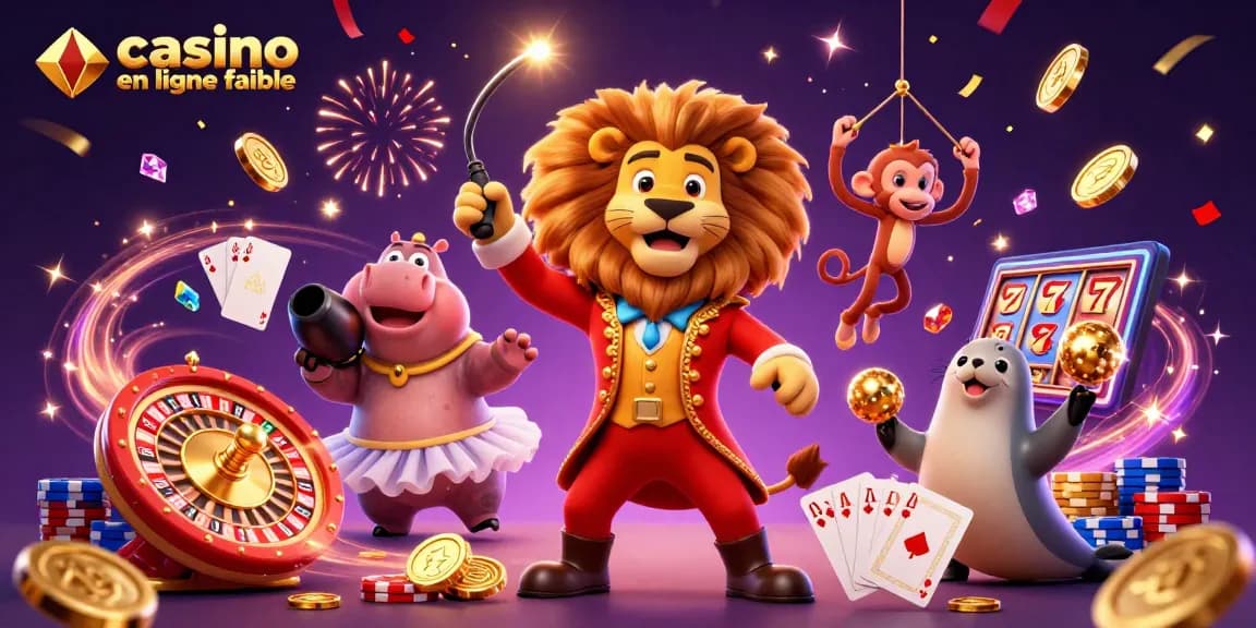 Illustration dynamique d'un lion dompteur et animaux de cirque, promouvant un casino en ligne fiable.