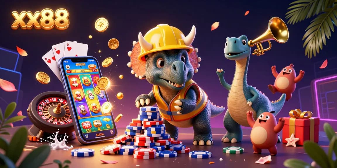 Experience thrilling games at xx88 with vibrant characters building poker chip pyramids.