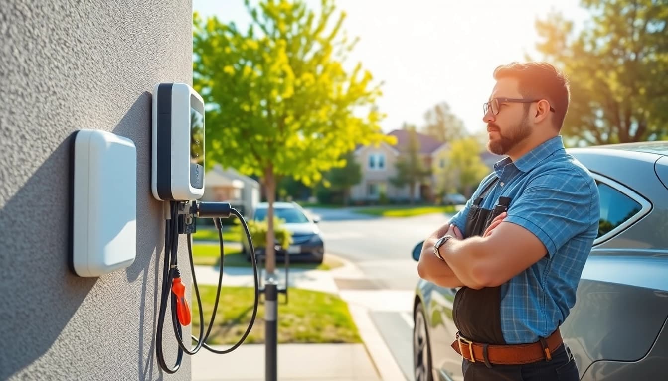 McNally EV charging installation with technician showcasing modern tools and an electric vehicle.
