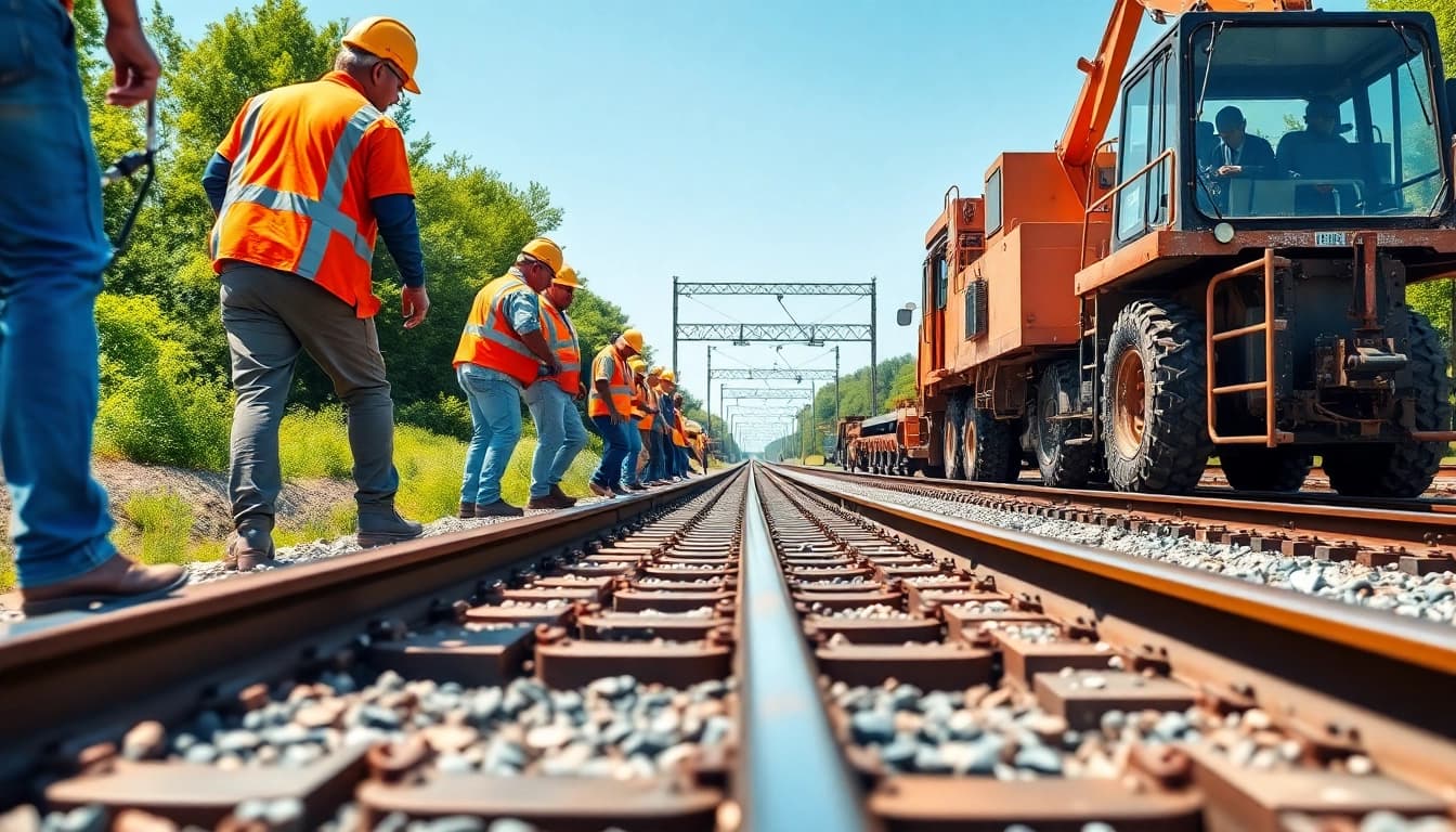 Railroad Track Construction Company team working on track installation, showcasing collaboration and industry.