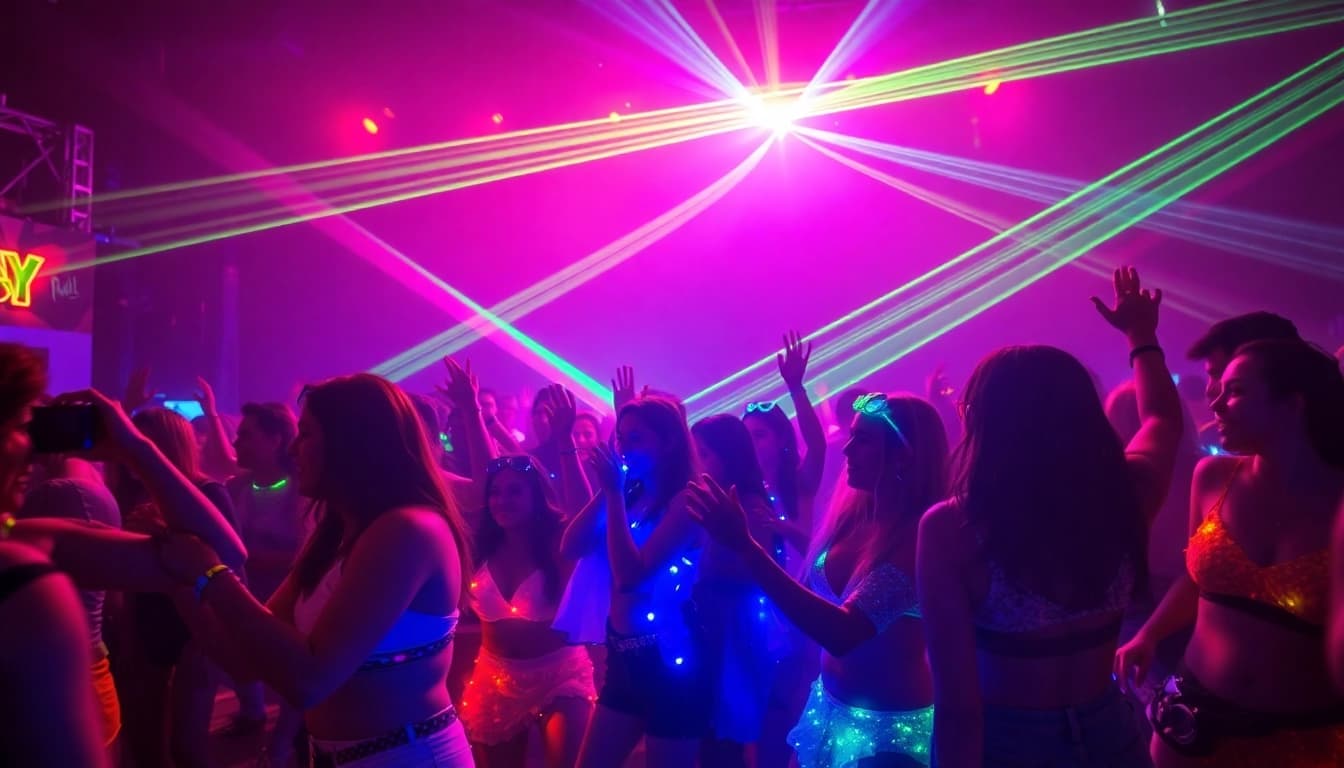 Experience the vibrant energy of Miami rave through dancing crowds and colorful lights.