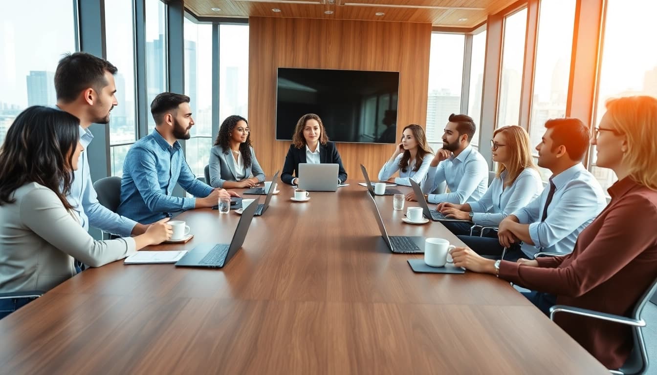 Engaged business professionals collaborating in a bright conference room.