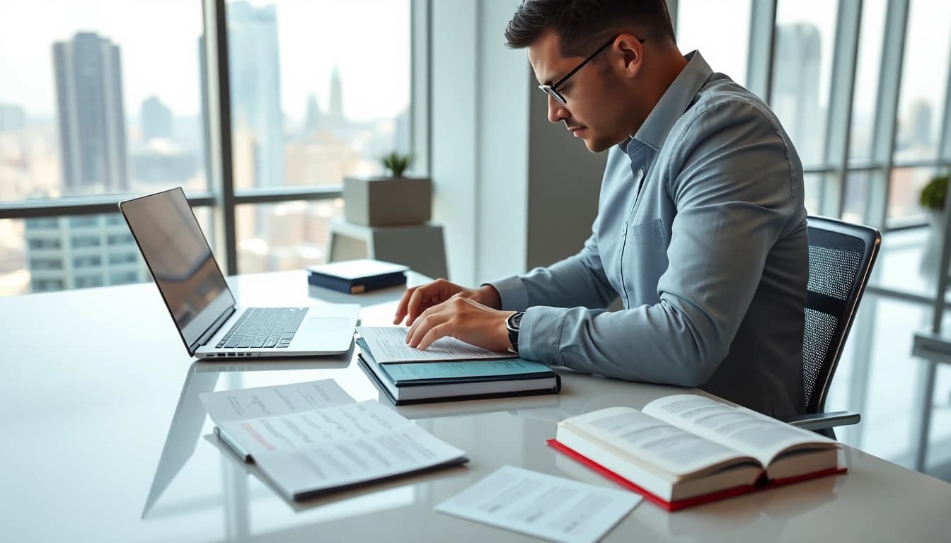 Traduction professionnelle avec translatecompany.fr, illustrant un traducteur concentré dans un bureau moderne.