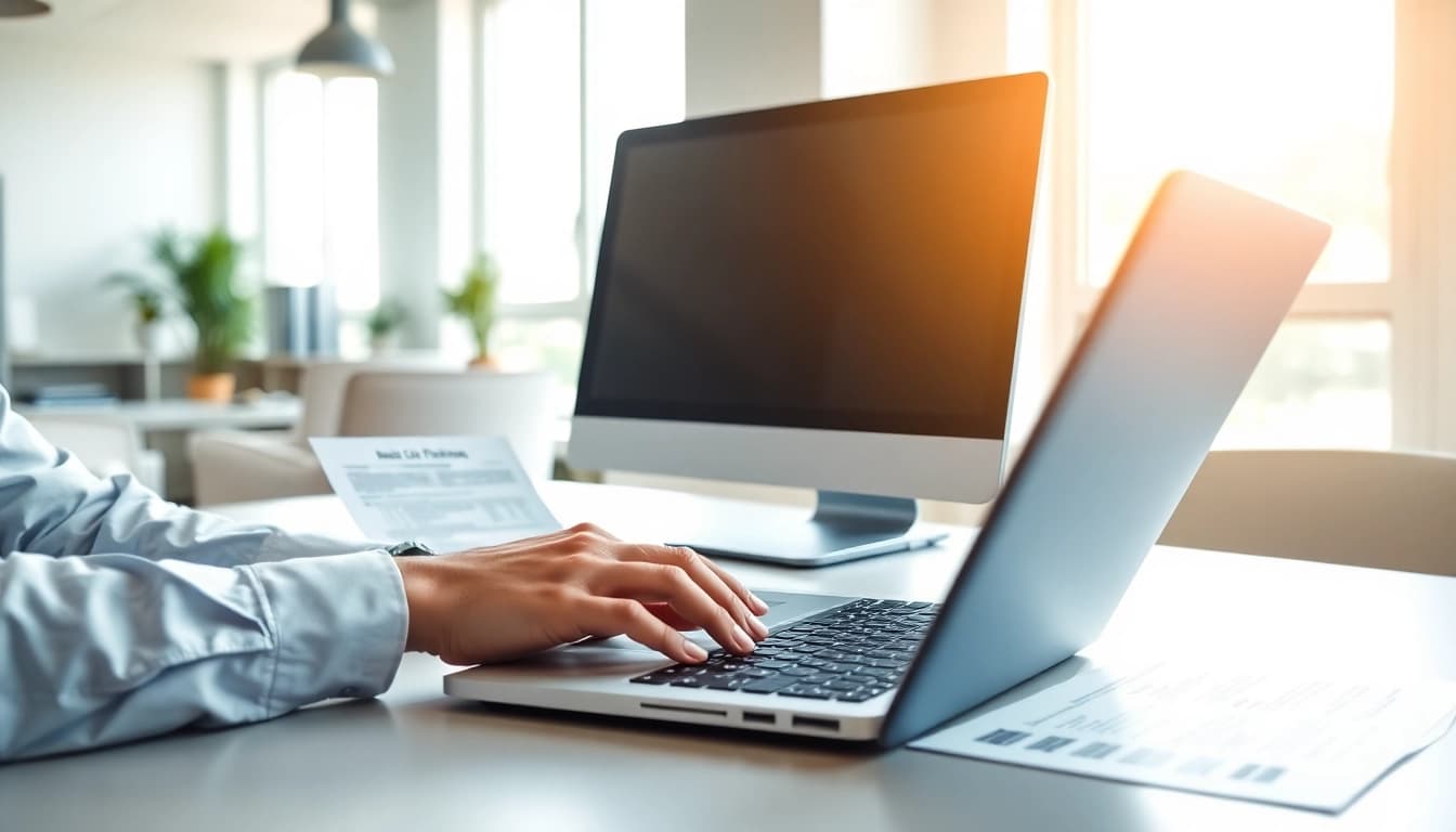 Consultant engaging in registration and certification in Federal databases at a modern office.