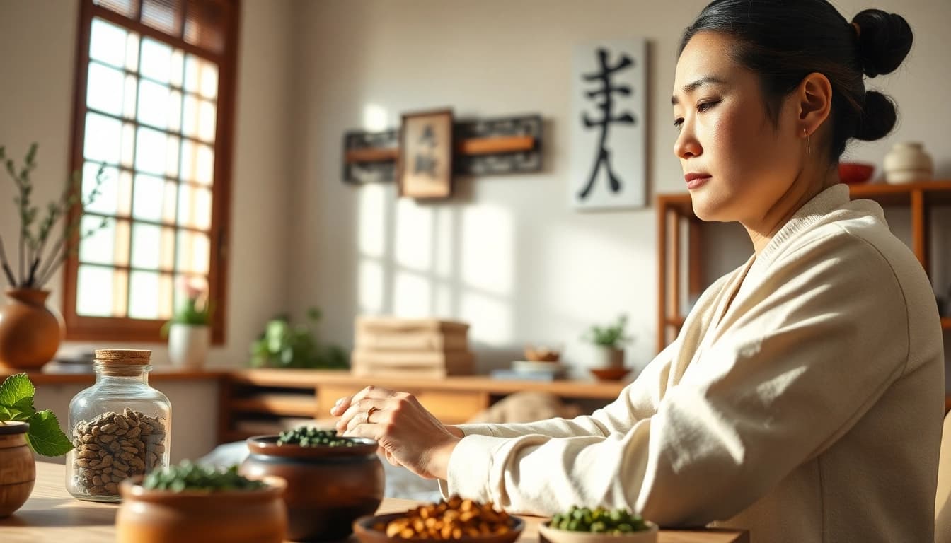 Sinshe melakukan terapi TCM dengan lingkungan yang damai dan alat-alat akupunktur.