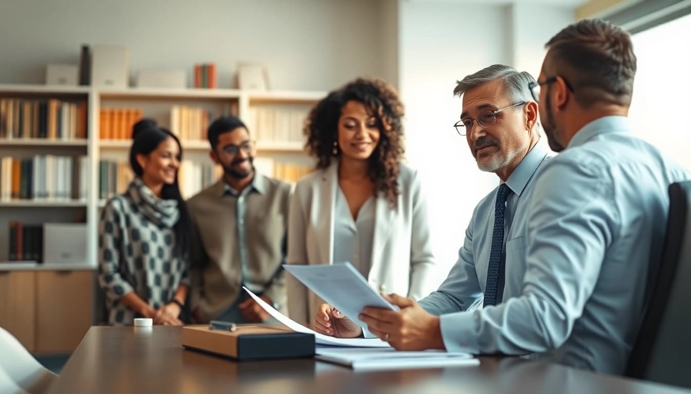 New Hampshire Immigration Lawyer advising a diverse family in a professional office setting.