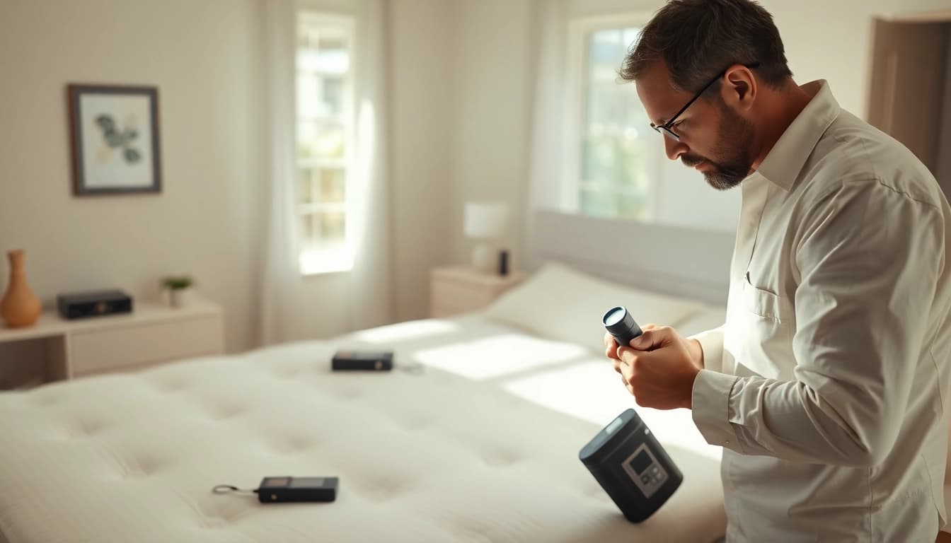 Inspecting for bed bugs in a cozy bedroom by Affordable Bed Bug Exterminators to ensure thorough pest control.