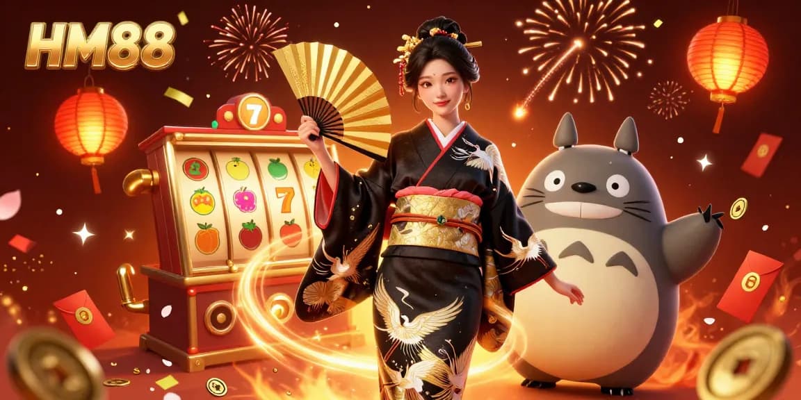 Experience the thrill of gaming at HM88 with a vibrant 3D illustration of slot machines and festive elements.