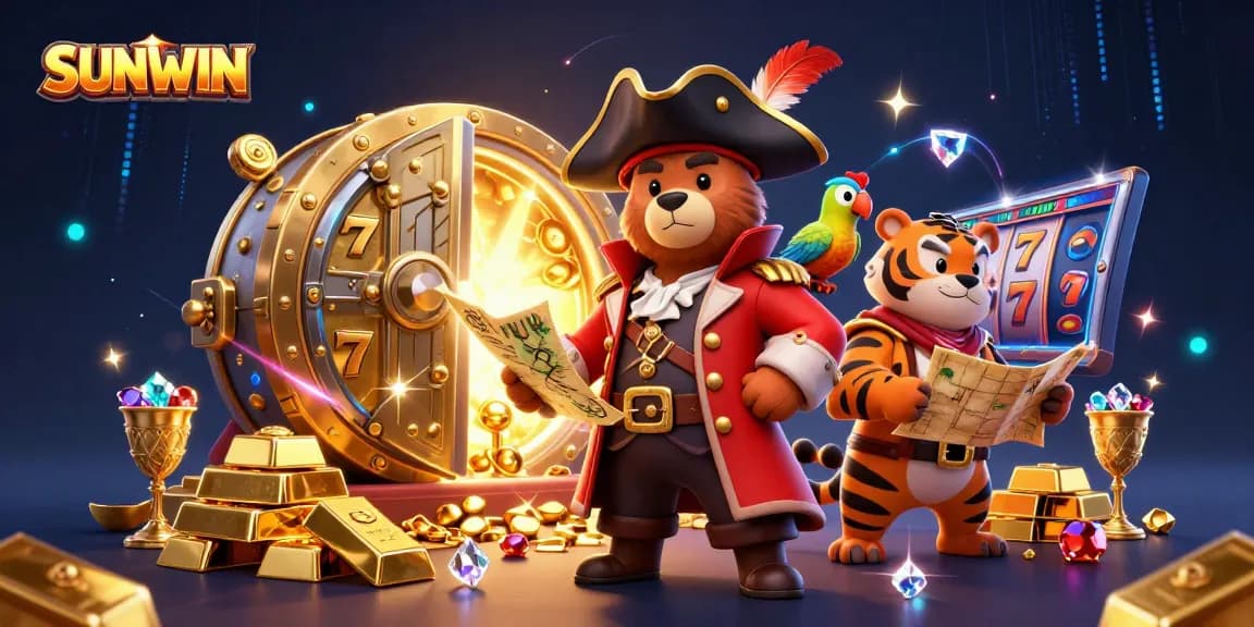 SUNWIN players enjoy a treasure-filled 3D casino scene with vibrant jackpots and exciting characters.