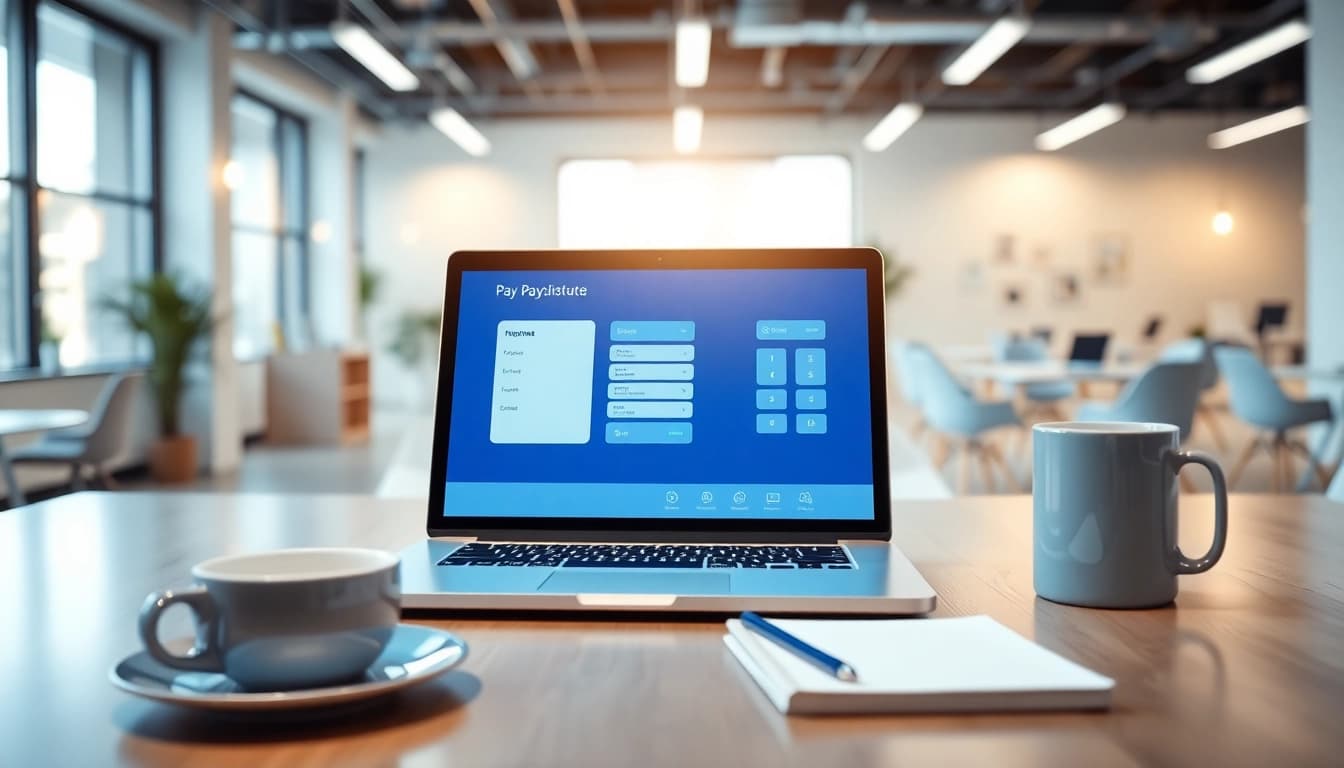 Showcasing innovative payment software on a laptop in a modern office setting.