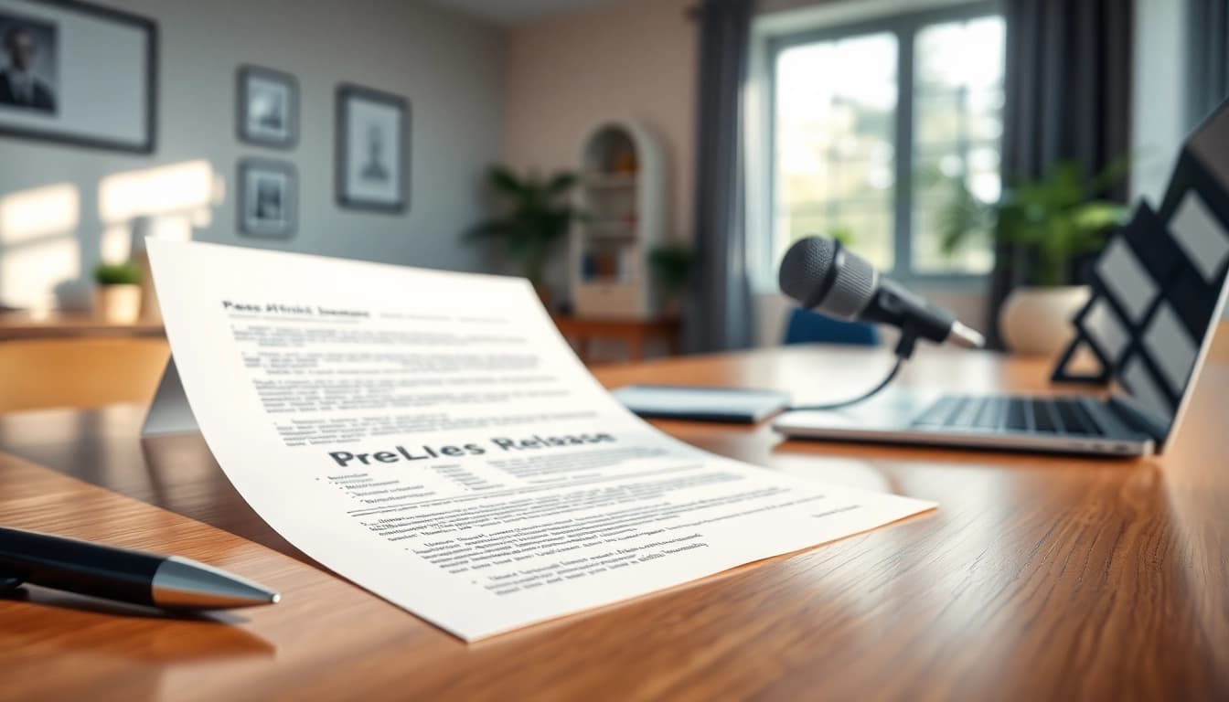 Craft an engaging press release on a wooden desk with a microphone and laptop.