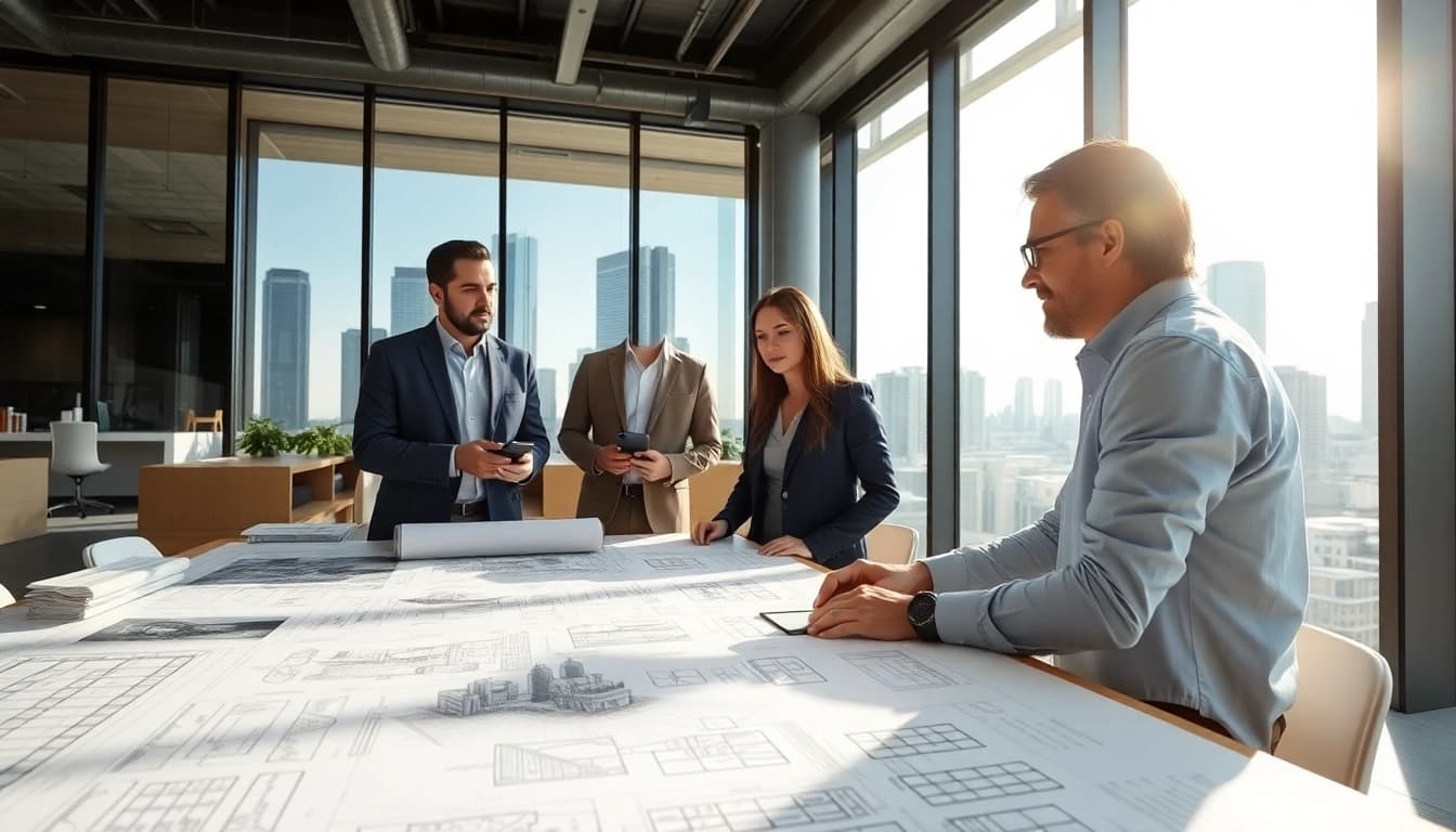 Real Estate Developer presenting plans in a modern office environment with blueprints.
