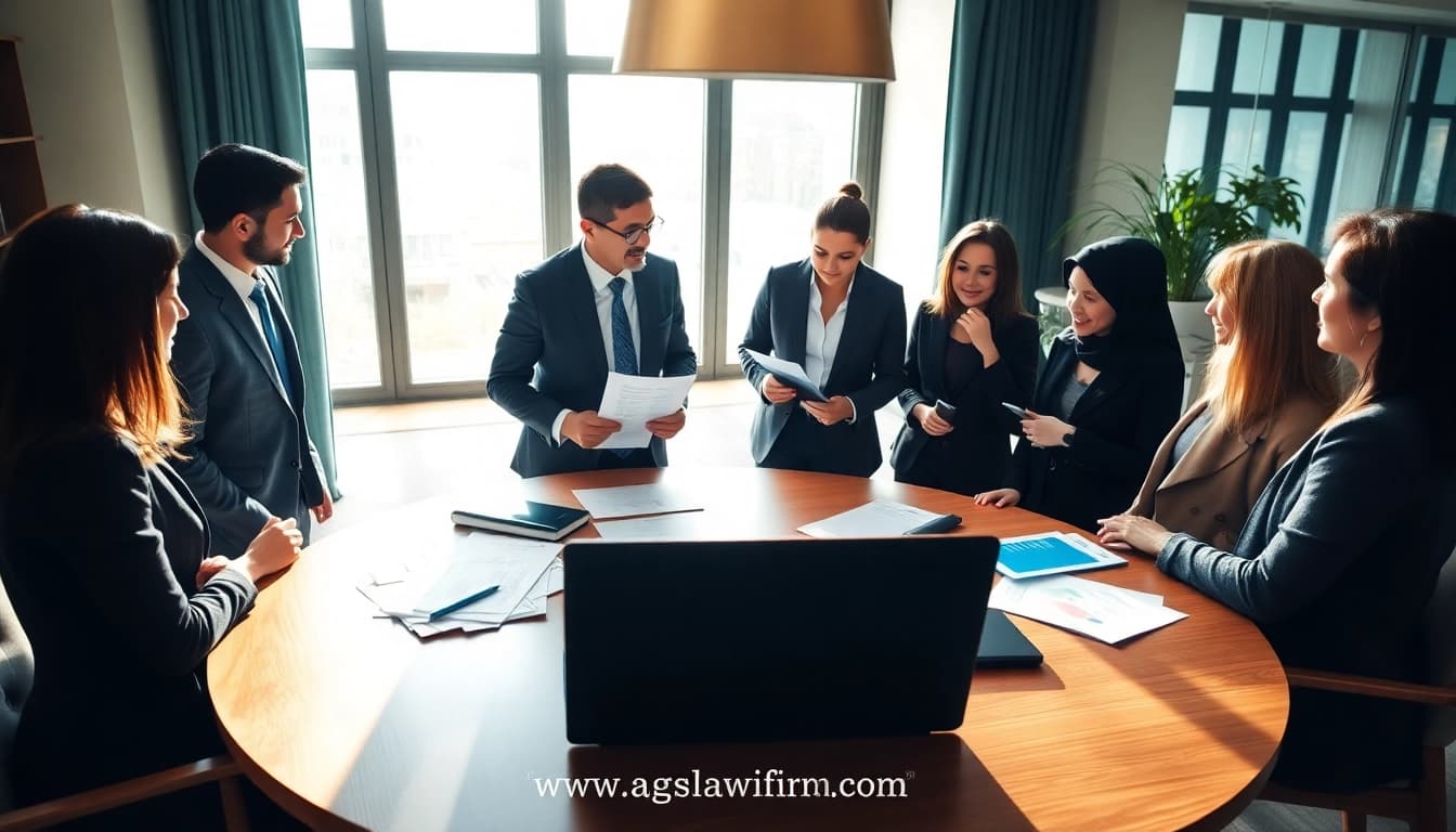 Collaborative legal team discussing estate planning strategies at https://www.agslawfirm.com in a modern office.