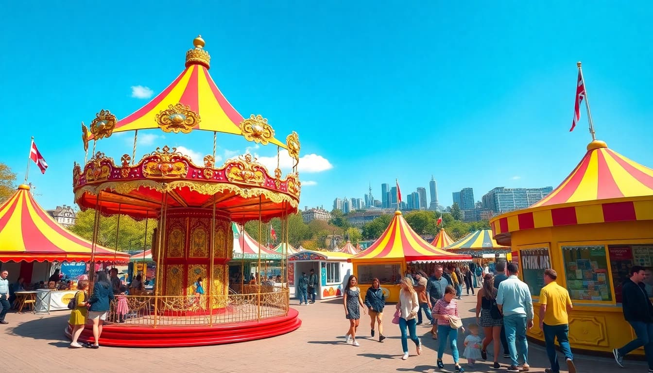 Experience a lively funfair for hire newcastle, featuring a busy carousel and joyful participants.