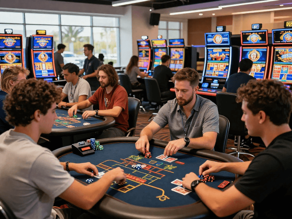 Interactive gaming scene in online USA casinos with diverse players enjoying live dealer tables, slot machines, and poker.