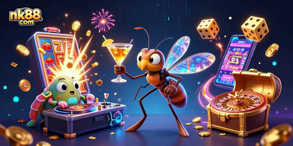 Game and enjoy exciting wins at nk88 com with this vibrant casino illustration featuring unique characters.