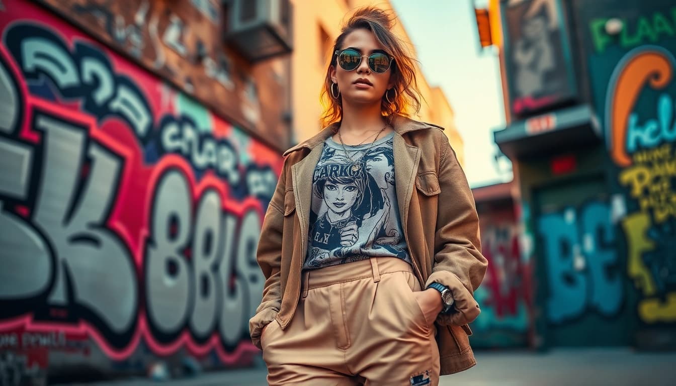 Fashion model displaying trendy urban styles in a vibrant city backdrop.