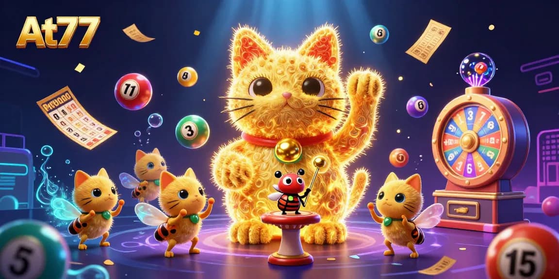 At77 captivates with vibrant 3D casino illustration showcasing a giant lucky cat and dynamic lottery elements.