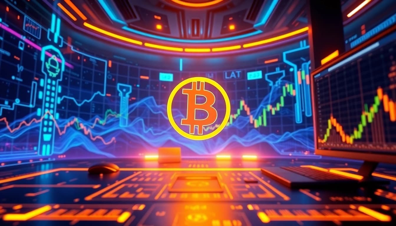 Interfejs handlowy kryptowalut Bitcoin z wizualizacjami blockchain i bezpiecznymi komponentami cyfrowego portfela w zaawansowanym, technologicznym otoczeniu.