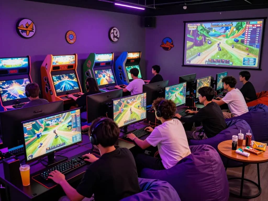 Exciting mantra88 gaming lobby with diverse players enjoying fast-paced gameplay in a vibrant neon setting.