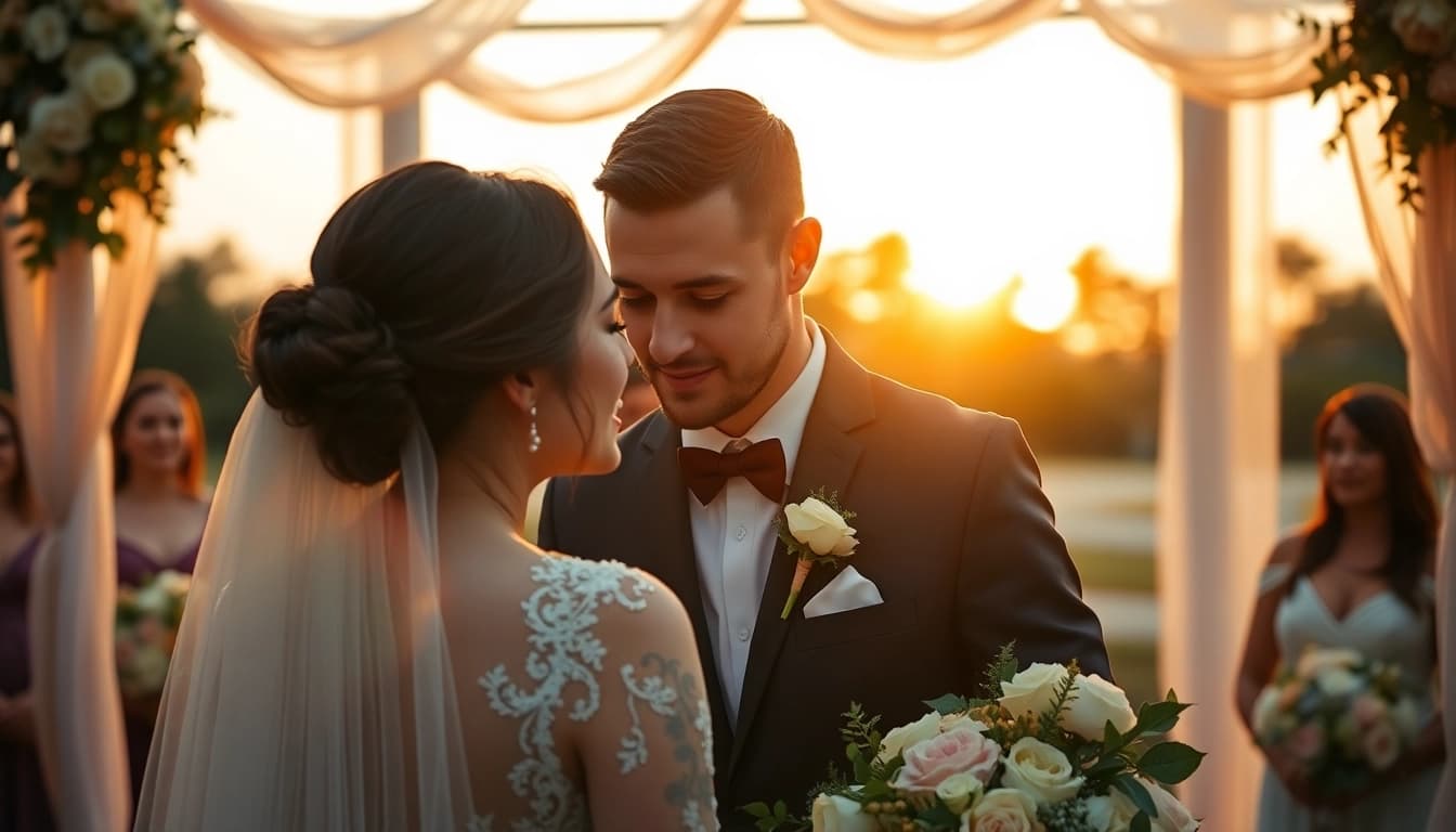 Emotional wedding photo by photographer Tampa, capturing the couple's intimate moment at sunset.