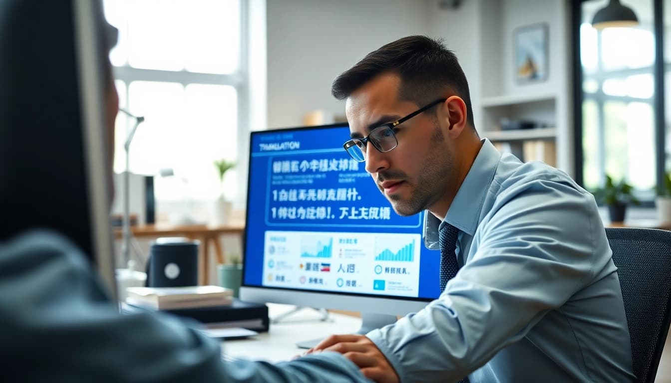 Improve translations with 有道翻译 by a dedicated translator in a focused office setting.