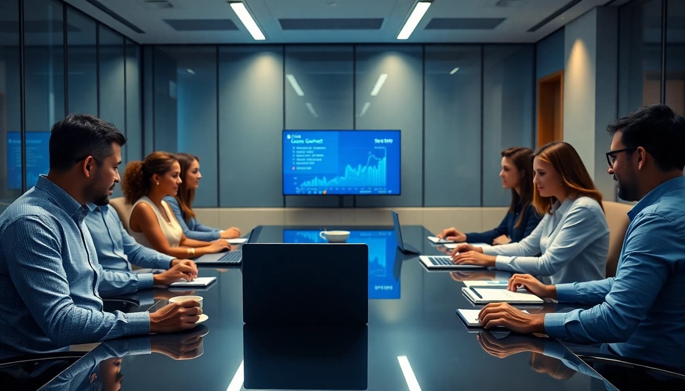Scotia Connect professionals collaborating in a modern office, showcasing digital banking solutions.