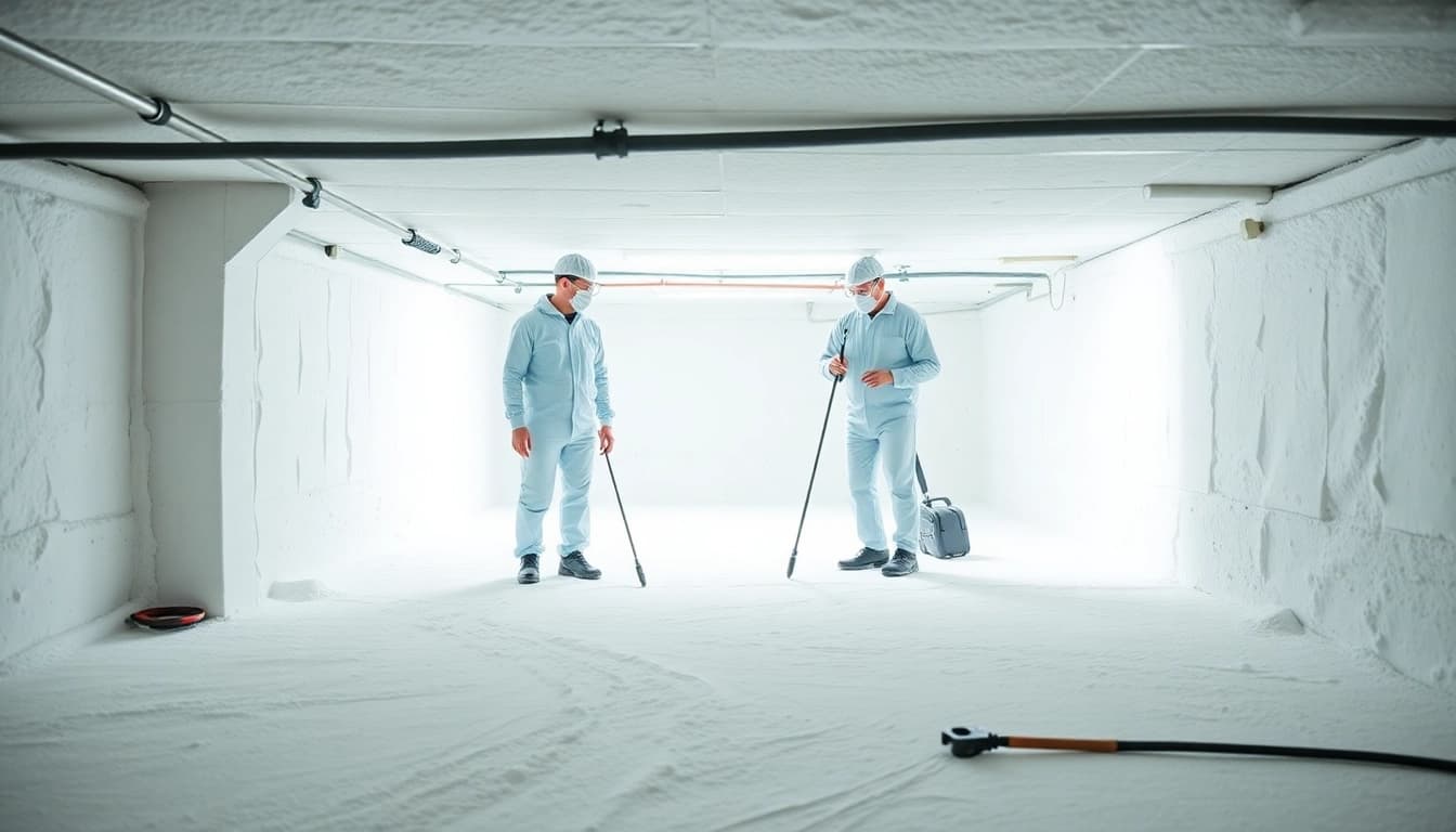 Crawl space cleaning service by http://newleafcrawlspace.com, showcasing professional technicians in action.