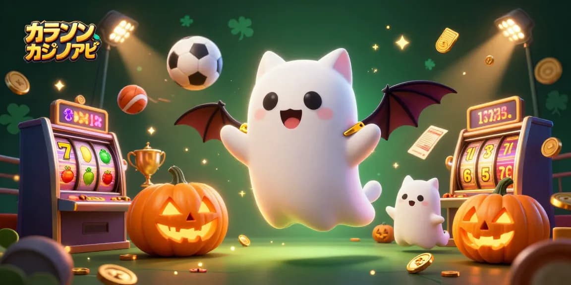 オンラインカジノ アプリでスロットを楽しむゴーストキャットとバットの3Dイラスト