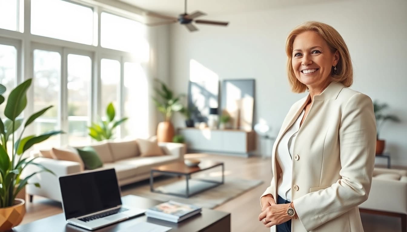 Showcasing a real estate agent in a stylish home, highlighting professionalism and inviting atmosphere.