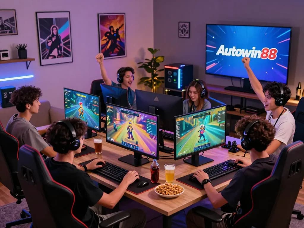Friends enjoying Autowin88 gaming experience with vibrant visuals and celebratory atmosphere.