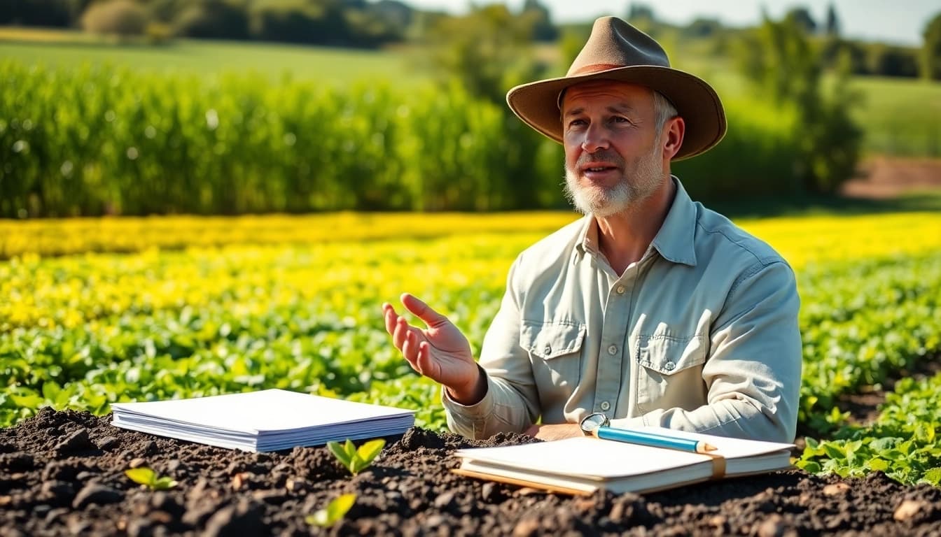 Engaging farmer consulting on agricultural law with legal documents in a lush field.