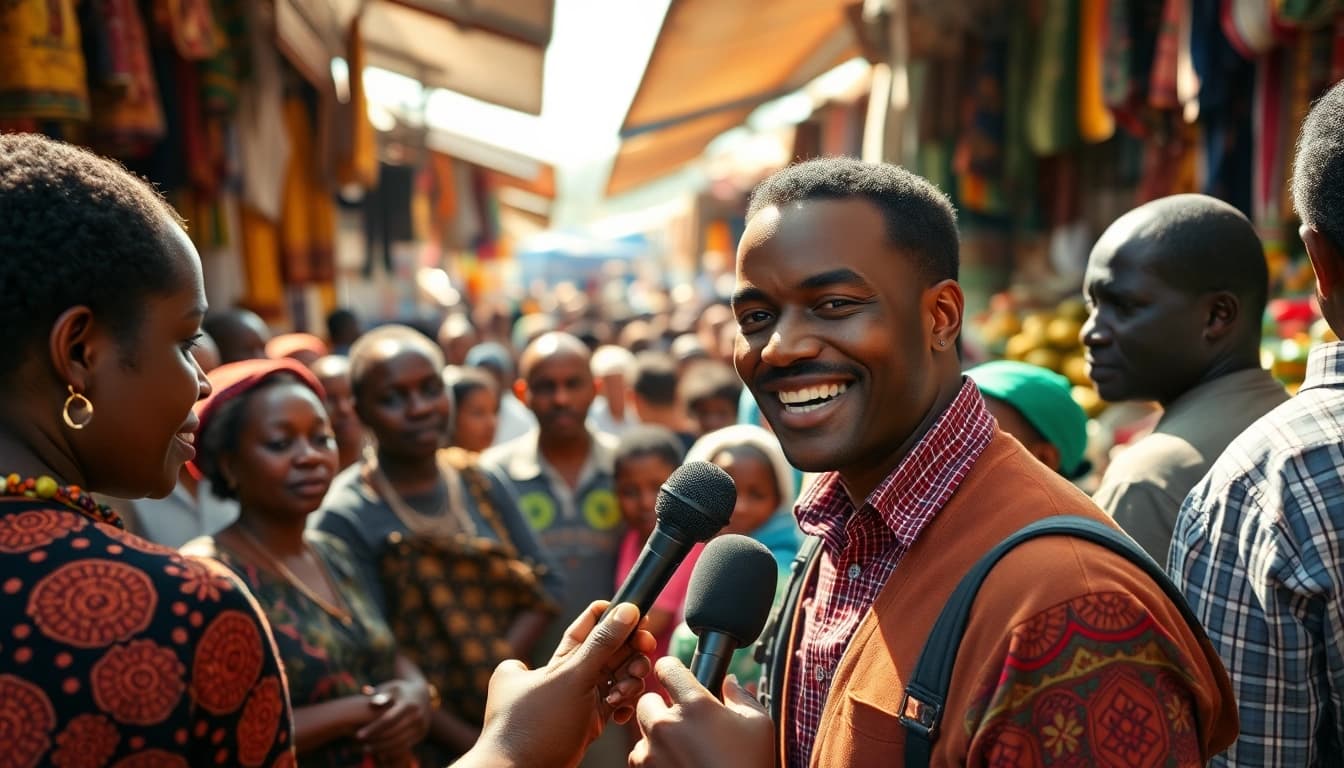 Engaging scene of Kenya News Today being reported in a bustling Nairobi market.