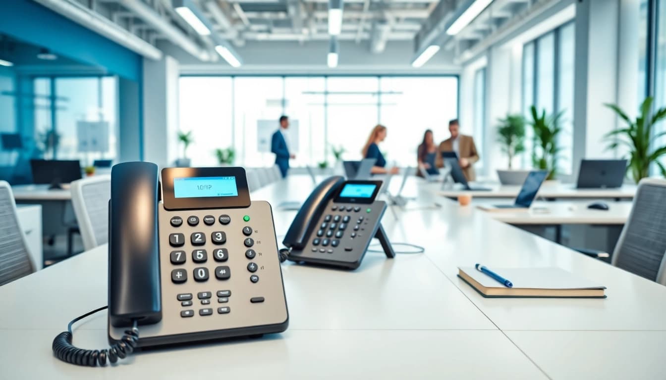 Efficient business phone systems displayed in a vibrant office setup, promoting collaboration.