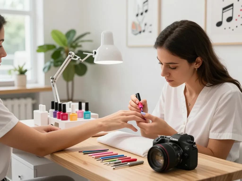 Nail technician applying gel polish in a bright, hygienic salon showcasing a variety of nail art tools and vibrant colors.