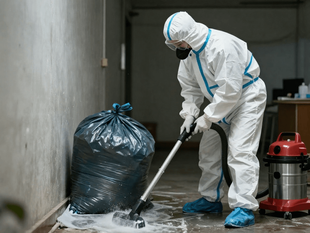 Tatortreinigung Dortmund: Fachkraft bei der professionellen Reinigung eines Tatorts mit Biohazard-Ausrüstung.