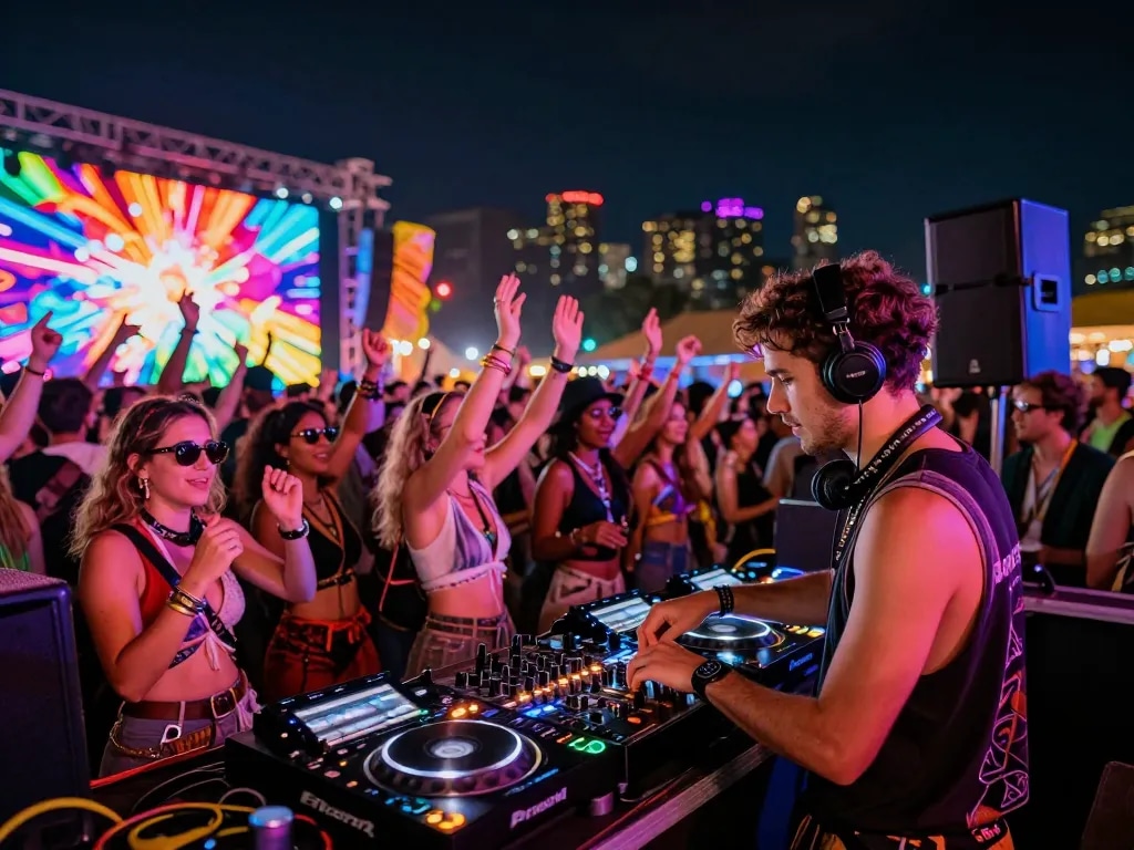 8Day festival scene with DJ performing live, colorful lights, and a dancing crowd.