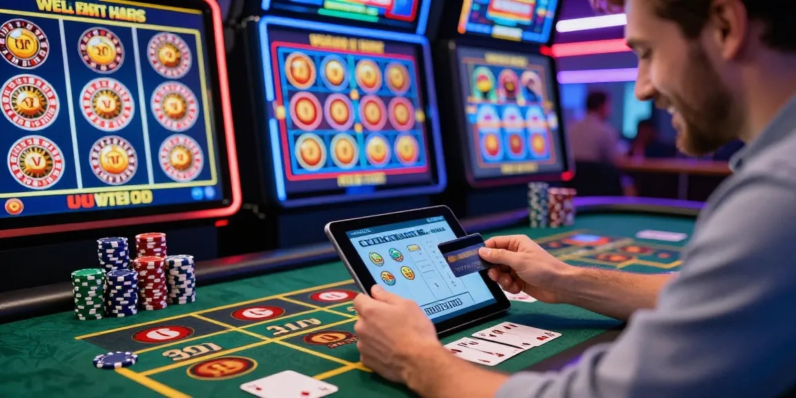Excited player enjoying seamless gaming experience at uk credit card casinos with vibrant games and neon atmosphere.