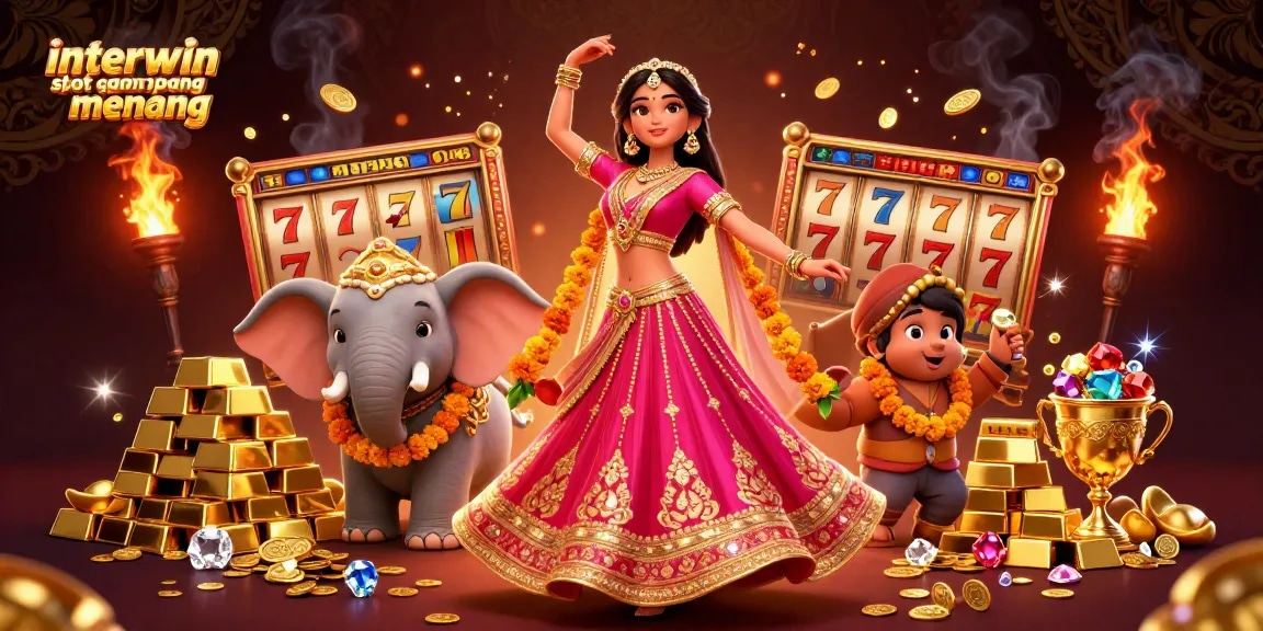 Spin to win with interwin slot gampang menang, featuring a vibrant scene of colorful slot reels and dynamic elements.