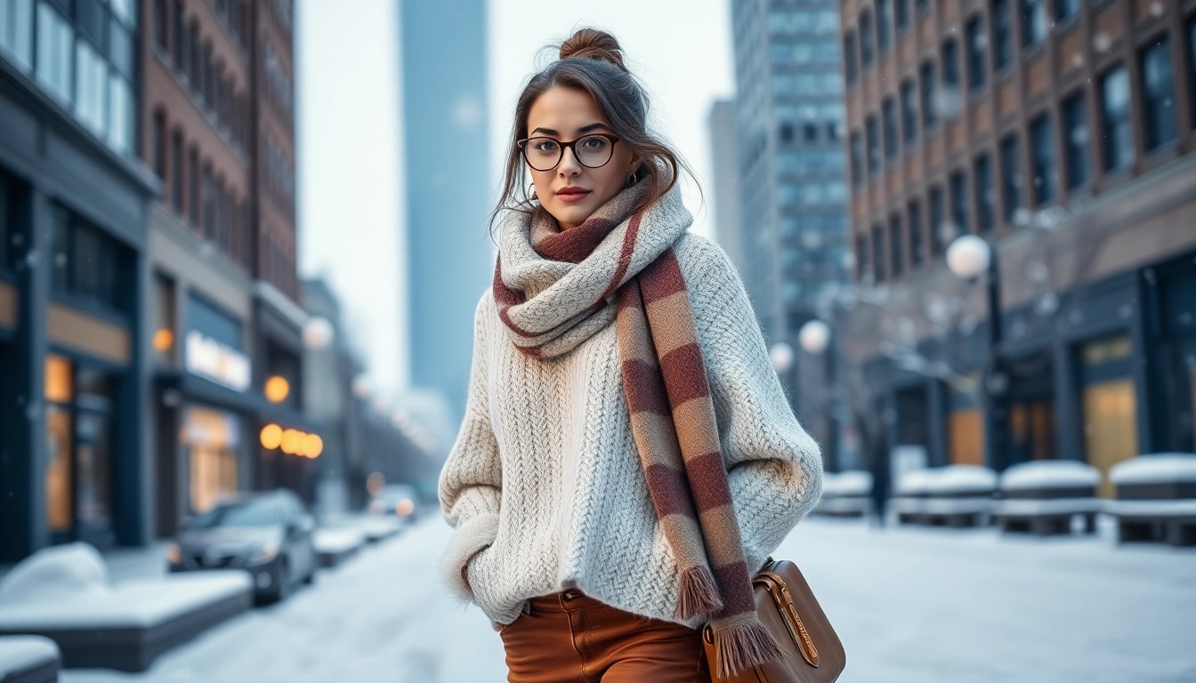 Model showcasing stylish winter fashion in a snowy city scene with cozy knitwear.