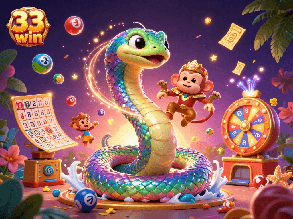 Experience winning thrills at 33 win with a vibrant casino illustration featuring a cartoon snake and monkey king.