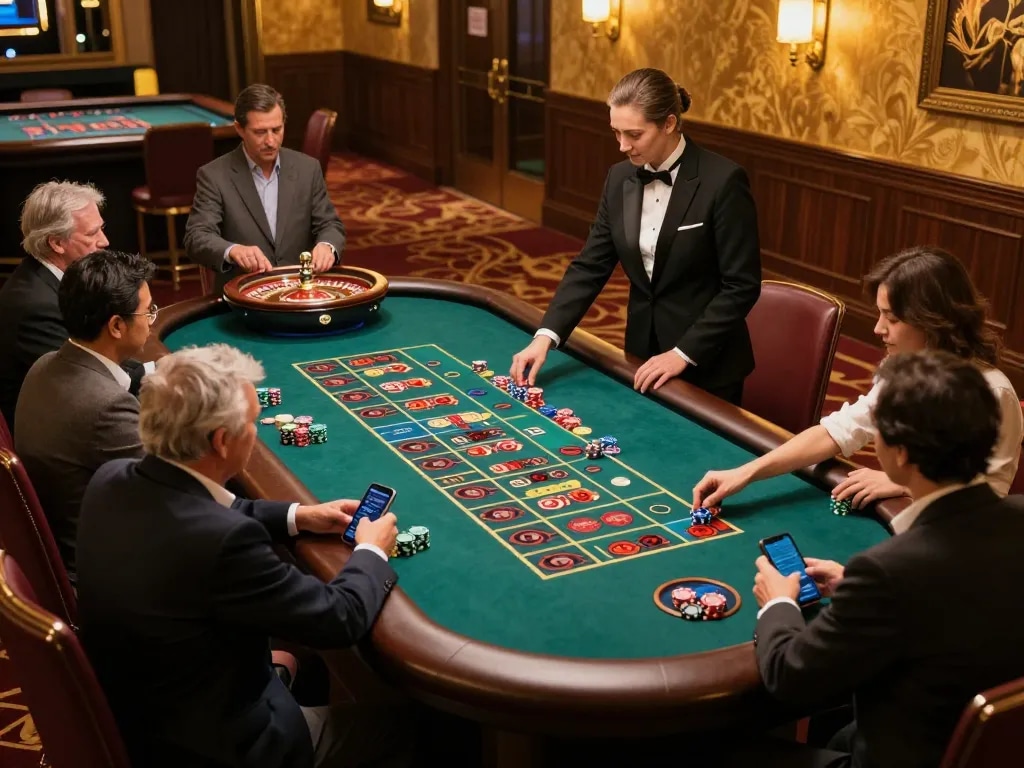 F168 players betting at a roulette table in a luxurious casino setting
