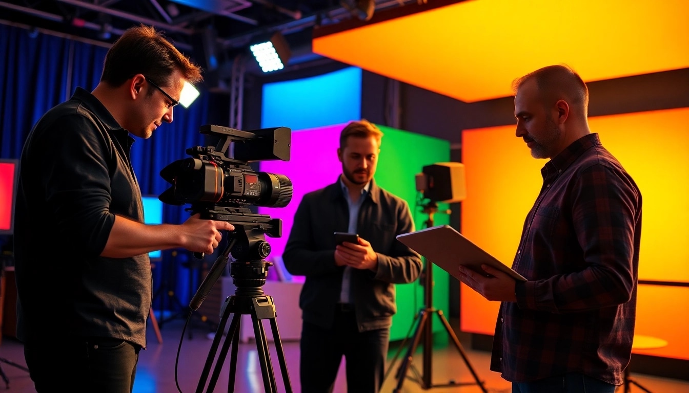 Showcasing a collaborative video production Phoenix team working efficiently in a vibrant studio environment.