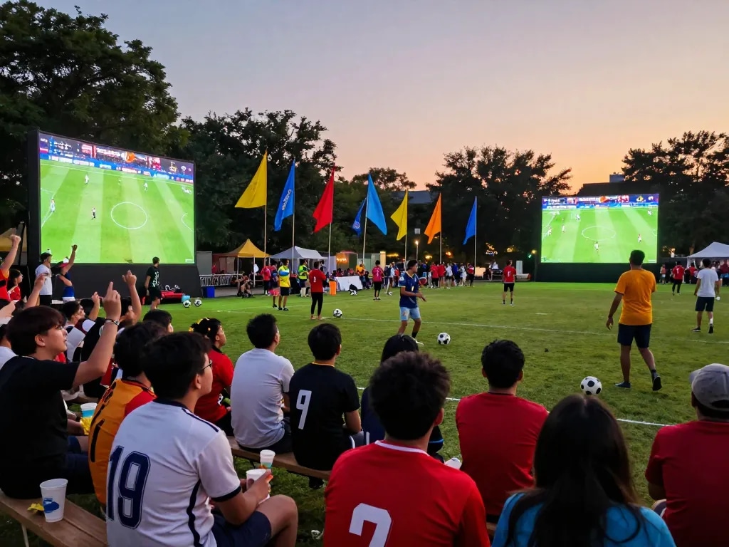 Cakhiatv fans enjoying a vibrant outdoor soccer viewing event in a community park, with flags and jerseys capturing the excitement.