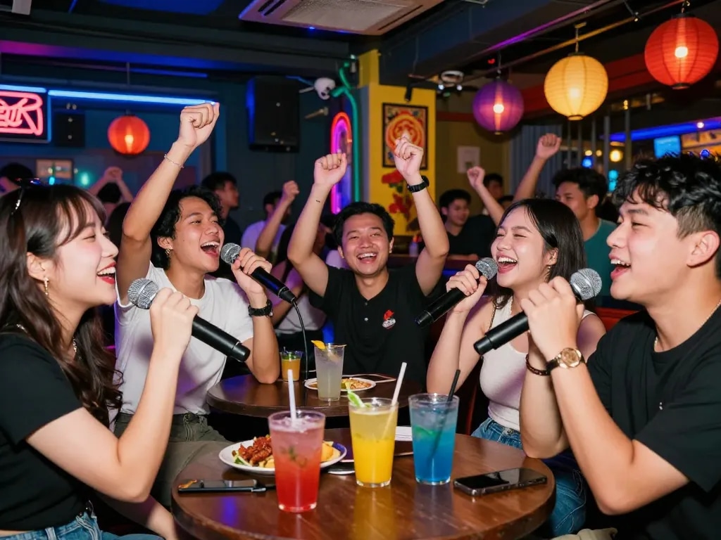 ネオンの光とエネルギッシュな雰囲気が漂うホーチミンのバーでベトナムカラオケを楽しむ友達たち。