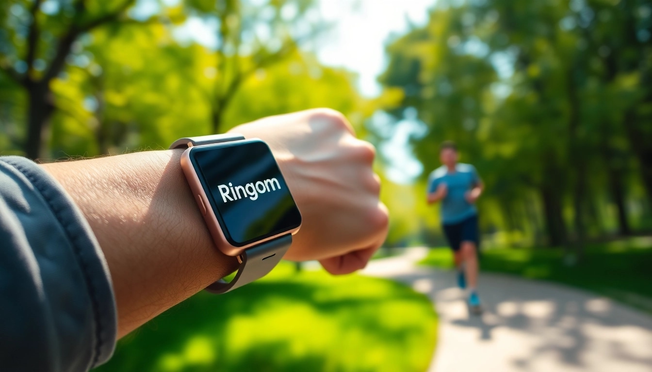 A jogger wearing the Ringconn fitness tracker in a vibrant park, highlighting active lifestyle choices.